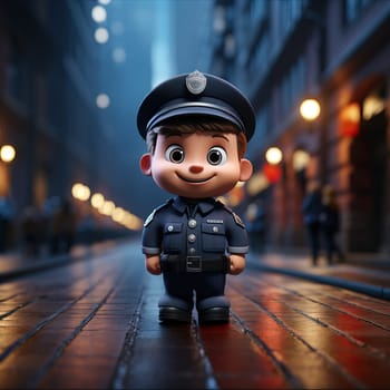 Cute 3D cartoon policeman on a city street. Selective soft focus.