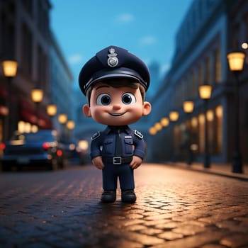 Cute 3D cartoon policeman on a city street. Selective soft focus.