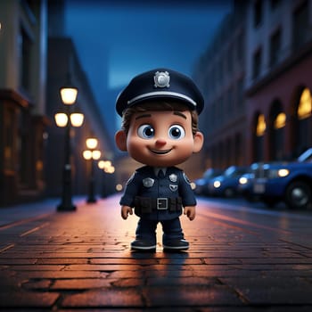 Cute 3D cartoon policeman on a city street. Selective soft focus.