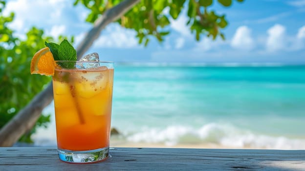 fresh juicy orange juice on the seashore, drink , selective focus