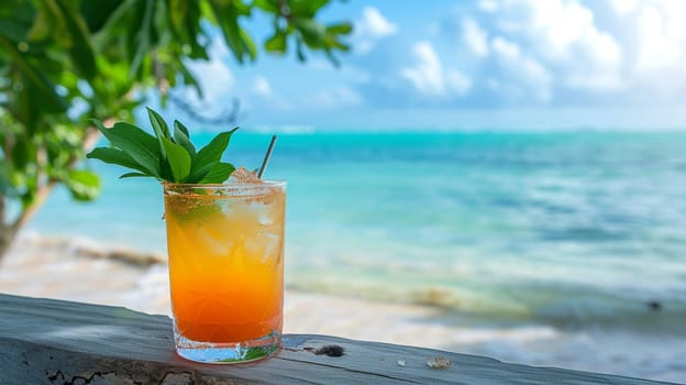 fresh juicy orange juice on the seashore, drink , selective focus