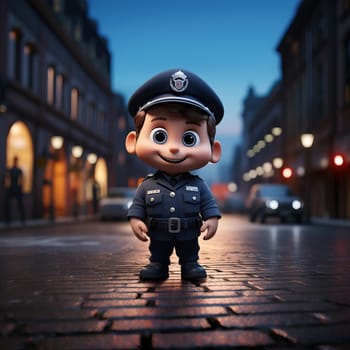 Cute 3D cartoon policeman on a city street. Selective soft focus.