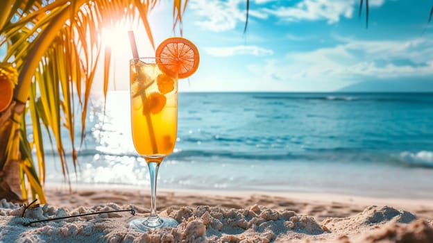 fresh juicy orange juice on the seashore, drink , selective focus