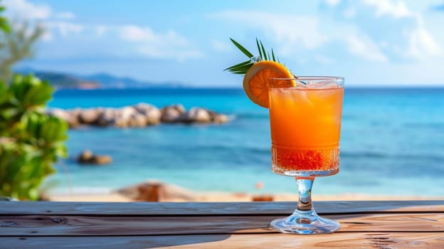 fresh juicy orange juice on the seashore, drink , selective focus