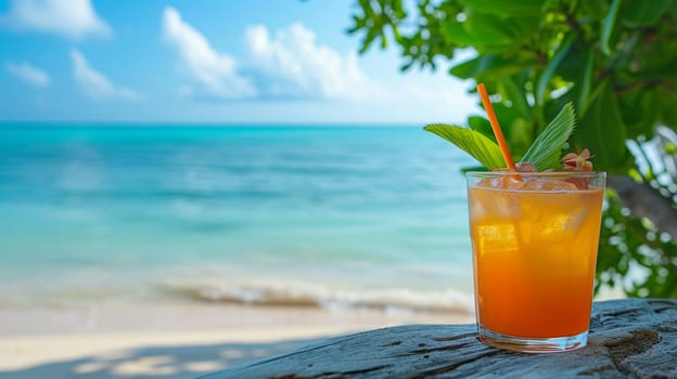 fresh juicy orange juice on the seashore, drink , selective focus