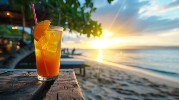 fresh juicy orange juice on the seashore, drink , selective focus