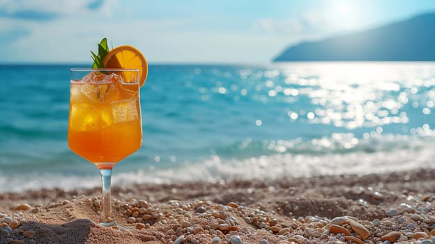 fresh juicy orange juice on the seashore, drink , selective focus