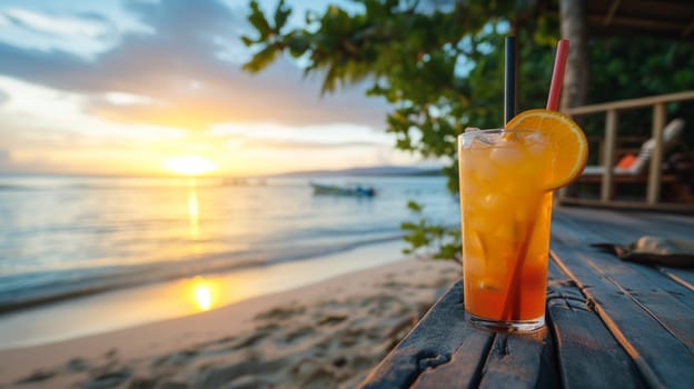 fresh juicy orange juice on the seashore, drink , selective focus