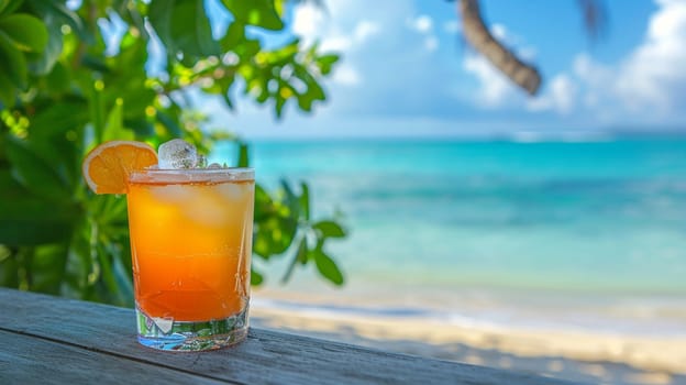 fresh juicy orange juice on the seashore, drink , selective focus