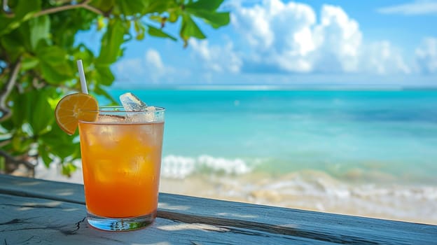 fresh juicy orange juice on the seashore, drink , selective focus