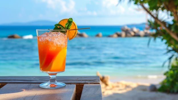 fresh juicy orange juice on the seashore, drink , selective focus