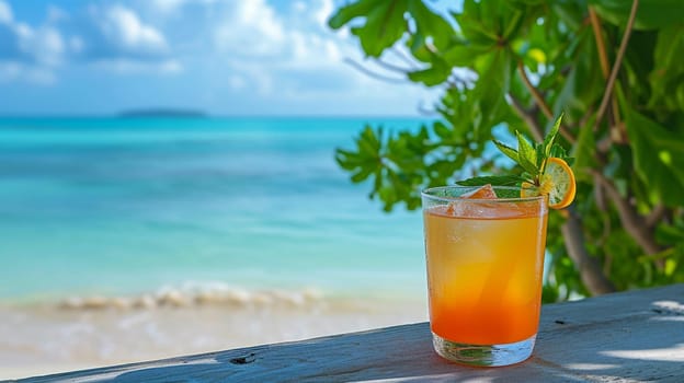 fresh juicy orange juice on the seashore, drink , selective focus