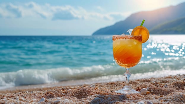 fresh juicy orange juice on the seashore, drink , selective focus