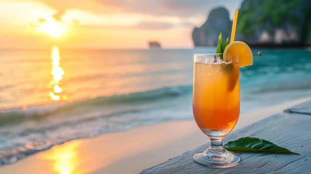 fresh juicy orange juice on the seashore, drink , selective focus