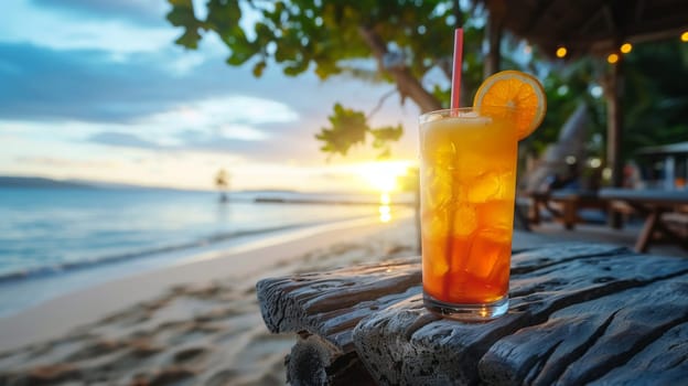 fresh juicy orange juice on the seashore, drink , selective focus