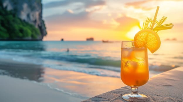 fresh juicy orange juice on the seashore, drink , selective focus