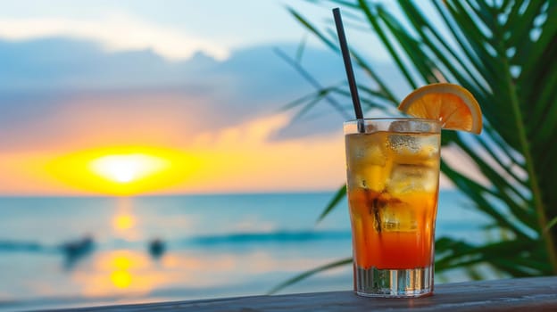 fresh juicy orange juice on the seashore, drink , selective focus