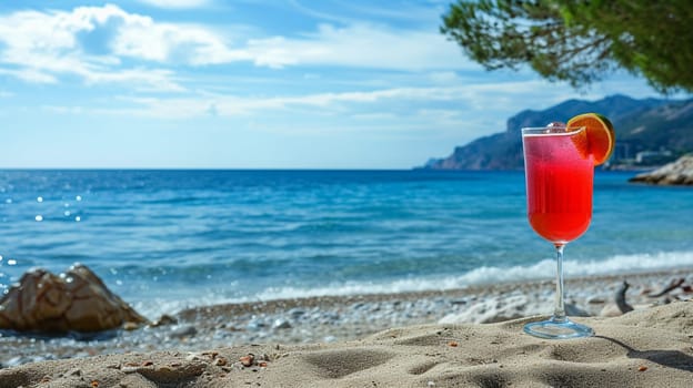 fresh juicy orange juice on the seashore, drink , selective focus