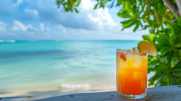 fresh juicy orange juice on the seashore, drink , selective focus