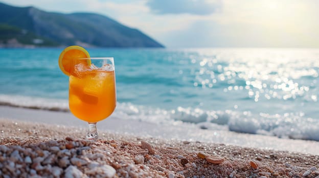 fresh juicy orange juice on the seashore, drink , selective focus