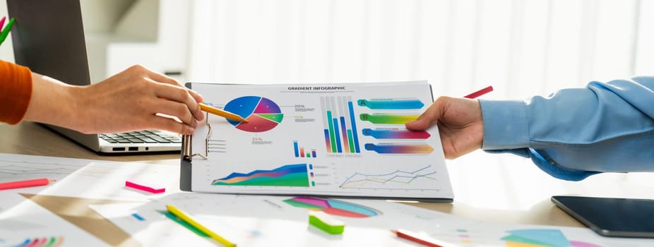 Startup company employee working together, analyzing BI dashboard paper on financial data report and planning strategic marketing for business success in panorama banner. Synergic