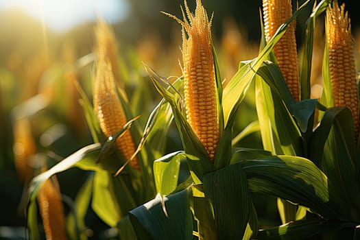 Large corn field with ripe corn cobs at sunset, agricultural landscape, Generative AI