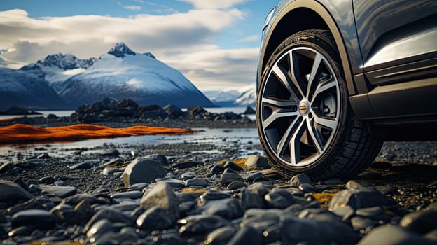 SUV car on top of mountain with beautiful scenery, closeup wheel, Generate Ai