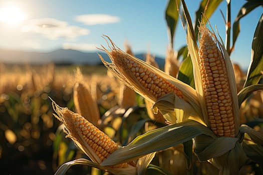 Large corn field with ripe corn cobs at sunset, agricultural landscape, Generative AI