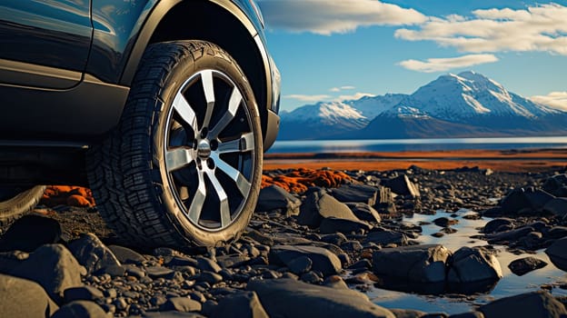 SUV car on top of mountain with beautiful scenery, closeup wheel, Generate Ai