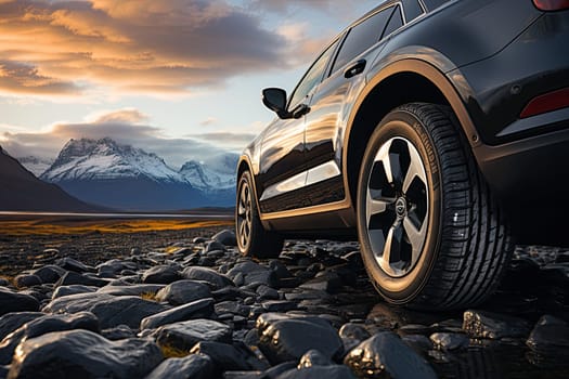 SUV car on top of mountain with beautiful scenery, closeup wheel, Generate Ai