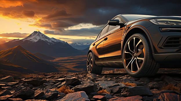 SUV car on top of mountain with beautiful scenery, closeup wheel, Generate Ai