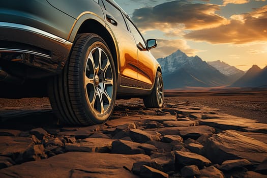 SUV car on top of mountain with beautiful scenery, closeup wheel, Generate Ai