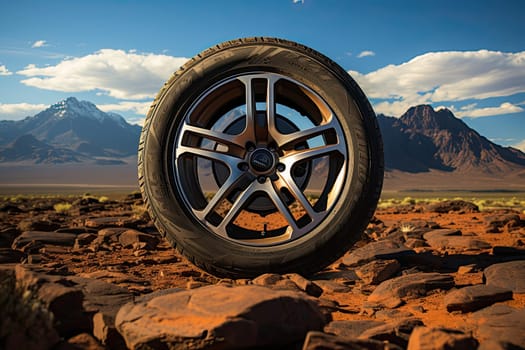 Off road treaded car wheel on top of mountain with beautiful scenery, Generate Ai