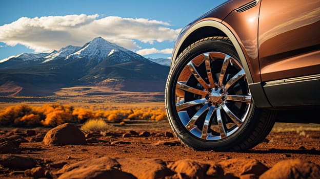 SUV car on top of mountain with beautiful scenery, closeup wheel, Generate Ai