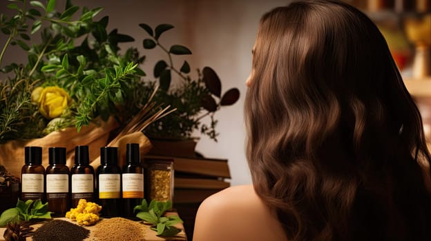 Eco-friendly, natural and nourishing hair care products with plants on the table, the concept of beautiful and healthy hair, Generate Ai