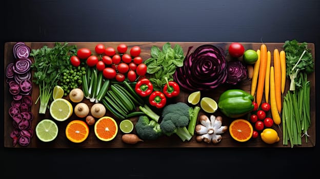Colorful vegetables and fruits on the table, healthy and wholesome food, Concept of healthy food, Top view. Generative AI