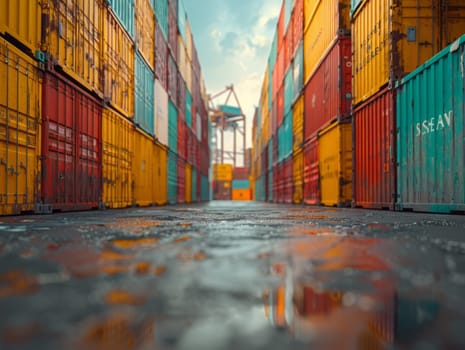 Cargo containers stacked in a port. The containers are used for shipping, transportation, and logistics in various industries. Ai generated
