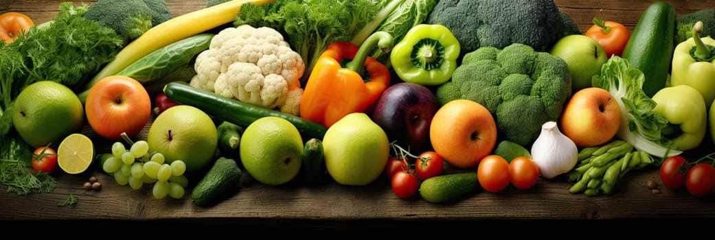 Multicolored, juicy vegetables and fruits on a table, healthy and wholesome food, Healthy Food Concept, Generative AI