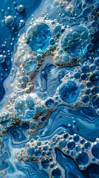 Close up of electric blue liquid with swirling patterns of bubbles, resembling wind waves dancing over rocks in an aquatic organismfilled environment