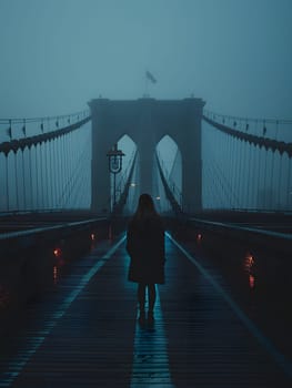 A woman is crossing a beam bridge on a foggy day, surrounded by darkness and limited visibility. The symmetrical structure of the bridge contrasts with the obscured sky and road