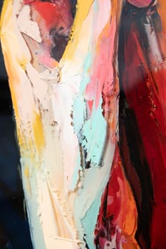 A fragment of the oil painting art. Art was painted with a palette knife and oil paints on round plywood. Conceptual abstract picture.