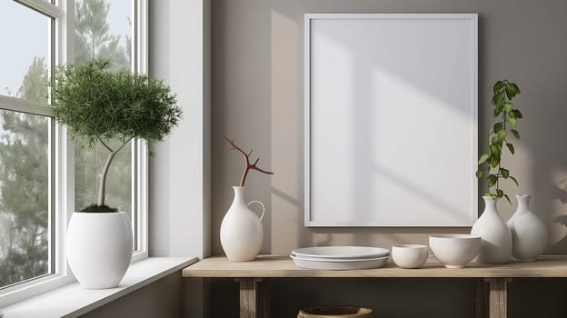Sunlight streams through a window, illuminating a room with a blank canvas on an easel, surrounded by a topiary, vases, and ceramic dishware on a wooden shelf - Wall mockup - Generative AI