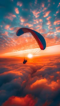 A person is gliding on a parachute above fluffy cumulus clouds at sunset, surrounded by the orange hues of the afterglow in the dusk sky