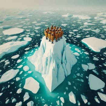 aerial view of group people wearing yellow winter garment standing on a large block of ice in the middle of the ocean. AI generated