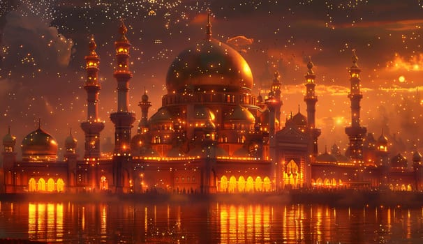 A mosque in the city is illuminated at night, casting a reflection in the nearby water. The landmark stands out in the liquid world of a human settlement, creating a serene and holy place