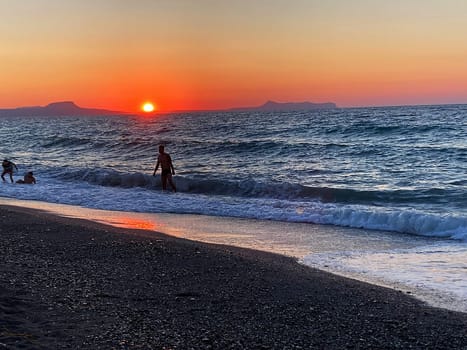 summer sunset on the sea coast in Creta, Greece, at 02 August 2023. Beautiful sunset by the sea in a beach on Kreta. Fantastic sunset on the Mediterranean Crete. High quality photo