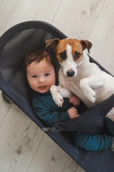 A dog and a cute three-month-old boy dressed in a blue overalls are sitting together in a baby lounger. Vertical photo