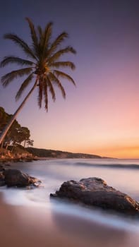 Tropical beach with coconut palm tree at sunset. Nature background.Beautiful sunset on the tropical beach with palm trees and rocks. Long exposure. Nature background