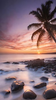 Tropical beach with coconut palm tree at sunset. Nature background.Beautiful sunset on the tropical beach with palm trees and rocks. Long exposure. Nature background