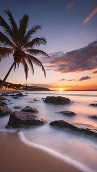 Tropical beach with coconut palm tree at sunset. Nature background.Beautiful sunset on the tropical beach with palm trees and rocks. Long exposure. Nature background